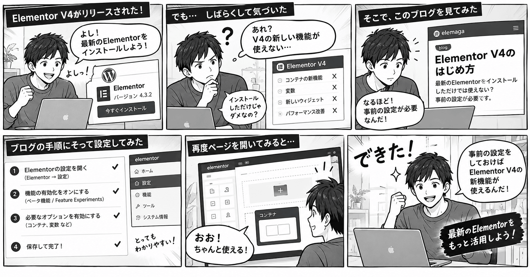 Elementor V4設定奮闘マンガ